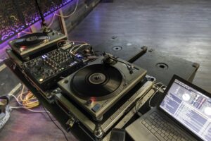 Trusty Technics 1200 turntables and Pioneer mixer